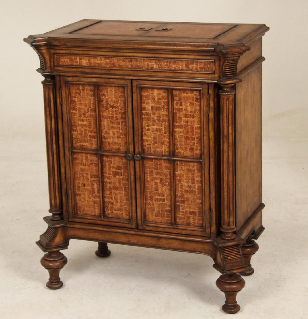 FAUX BURL AND WALNUT LIFT TOP BAR CABINET: FAUX BURL AND WALNUT LIFT TOP BAR AND WINE CABINET WITH FITTED INTERIOR FOR BOTTLES AND GLASSES, MODERN; 37"H X 32"W X 17"D