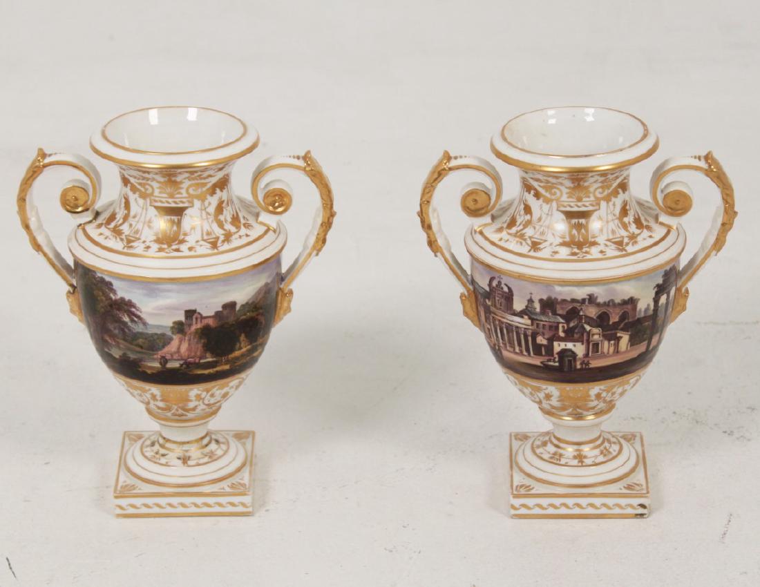 PAIR OF EARLY ENGLISH DERBY DOUBLE HANDLED URNS (1 of 3)