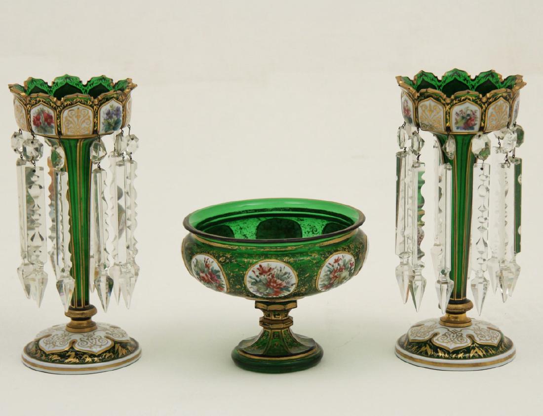 3 PIECE GREEN BOHEMIAN GLASS ENAMELED GARNITURE (1 of 4)