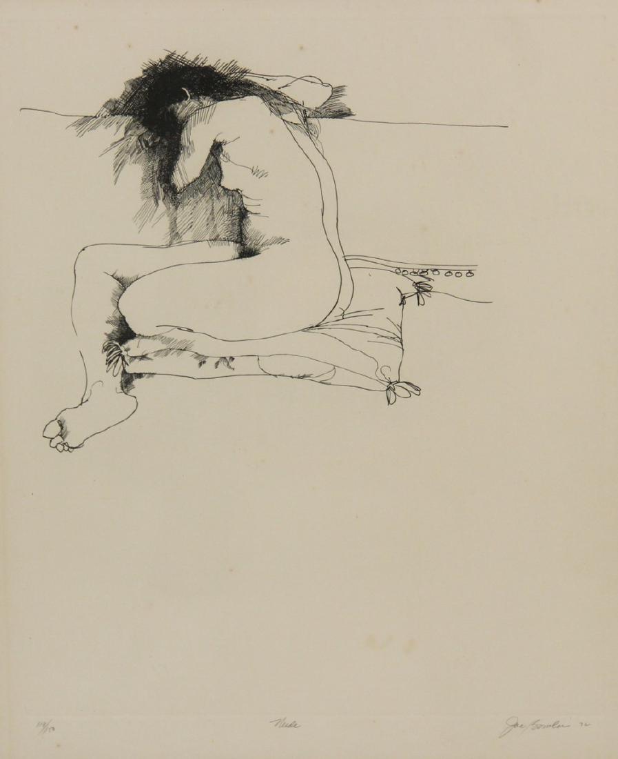 SIGNED FRAMED INK DRAWING ON WOVEN PAPER: FRAMED INK DRAWING ON WOVEN PAPER TITLED "NUDE" AND SIGNED LOWER LEFT IN GRAPHITE JOE BOWLEN 72 AND NUMBERED 118/150; 31.25"H X 25.25"W; CONDITION: LIGHT AREAS OF FOXING AND DISCOLORATION