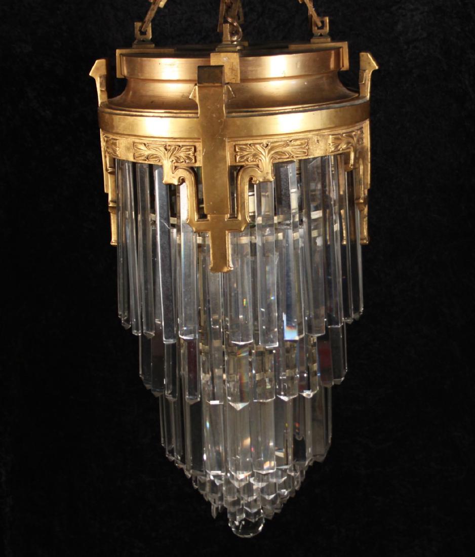 FRENCH BRONZE AND CRYSTAL ART NOVEAU CHANDELIER: FINE FRENCH BRONZE AND CRYSTAL ART NOVEAU CHANDELIER, 1ST PART 20TH C.; 29"H X 14"W; PROVENANCE PROMINENT LOOKOUT MOUNTAIN ESTATE