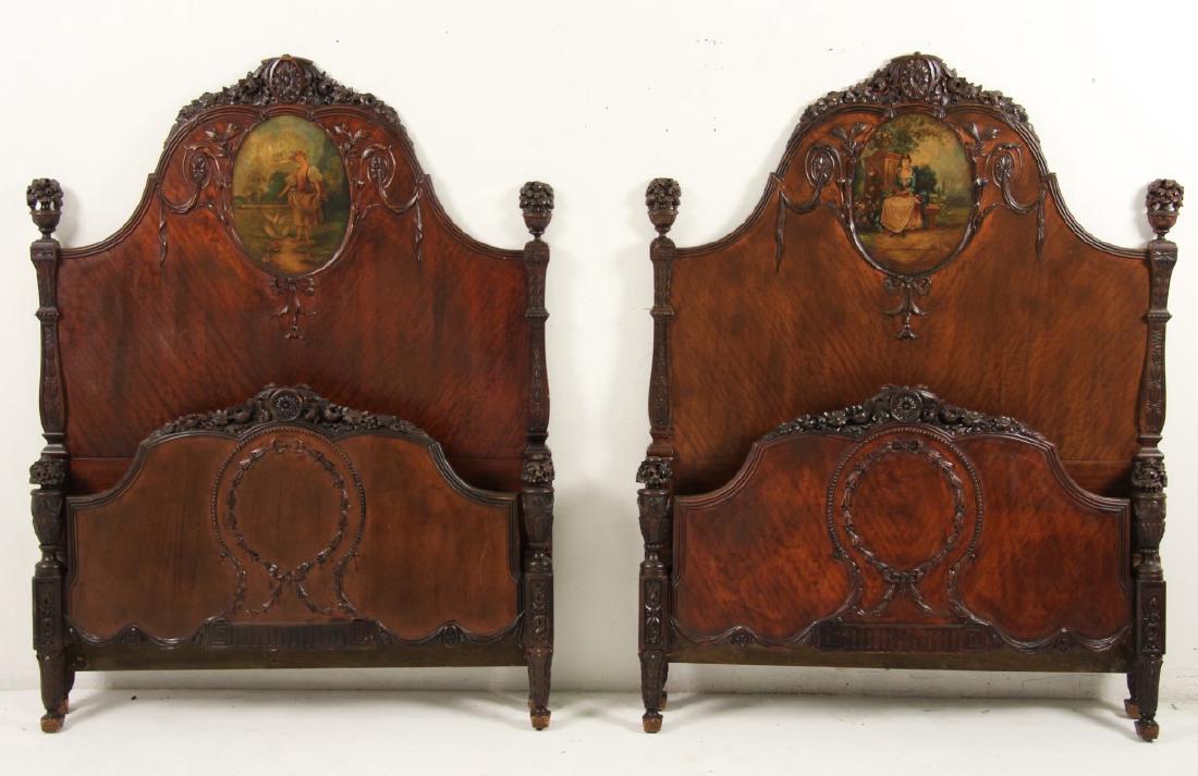 PAIR OF LOUIS XVI STYLE CARVED WALNUT TWIN BEDS (1 of 4)