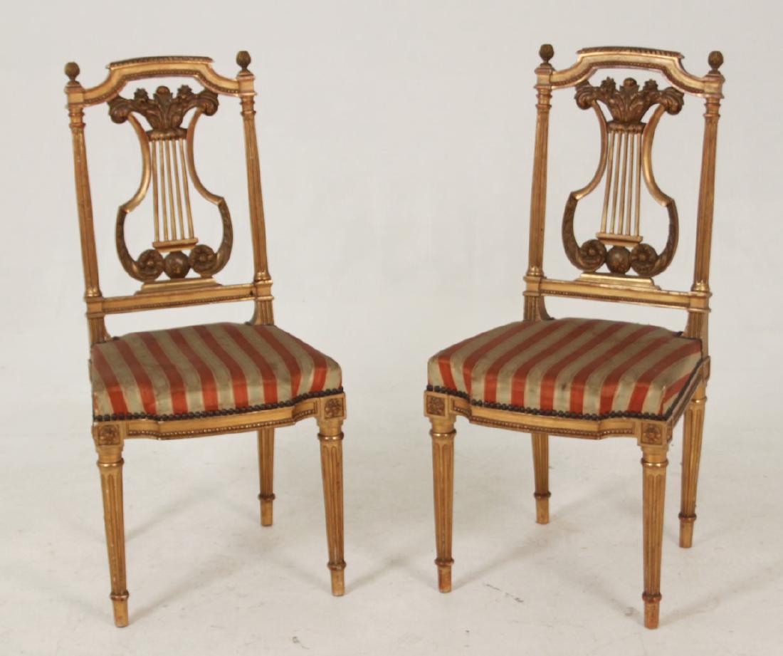 PAIR OF 19TH C. CARVED GILTWOOD BOUDOIR CHAIRS: PAIR OF LOUIS XVI STYLE CARVED GILTWOOD LYRE BACK BOUDOIR CHAIRS, 19TH C.; 35"H X 16"W X 16"D