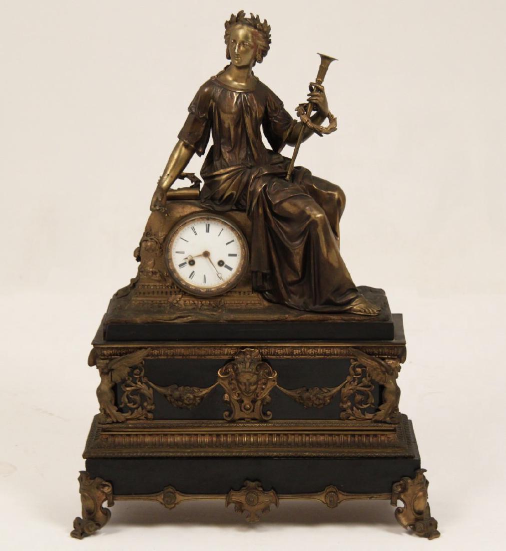 28" FRENCH BRONZE FIGURAL CLOCK HAVING BLACK MARBLE (1 of 4)