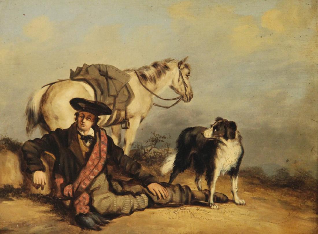FRAMED OIL ON OAK PANEL OF YOUNG MAN RECLINING: FRAMED OIL ON OAK PANEL OF YOUNG MAN RECLINING WITH HORSE AND DOG NEAR BY, APPARENTLY NOT SIGNED, LATE 19TH C.; 11"H X 14.5"W IMAGE, 16.25"H X 20"W OVERALL