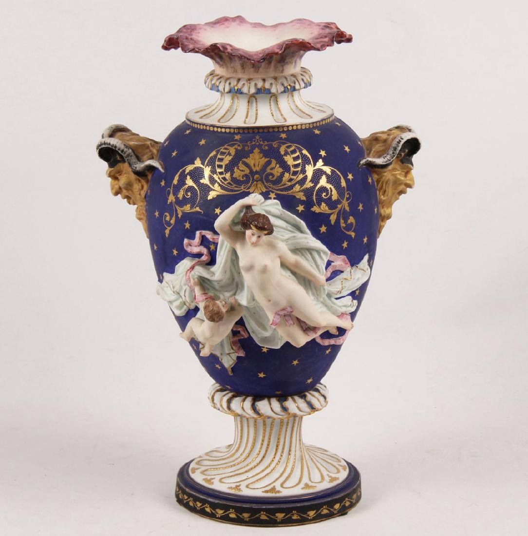 FRENCH CHANTILLY BISQUE PORCELAIN VASE: FRENCH CHANTILLY BISQUE PORCELAIN VASE HAVING CENTER RESERVE OF PARTIALLY NUDE FIGURE WITH PUTTI, LATE 19TH/20TH C.; 17"H