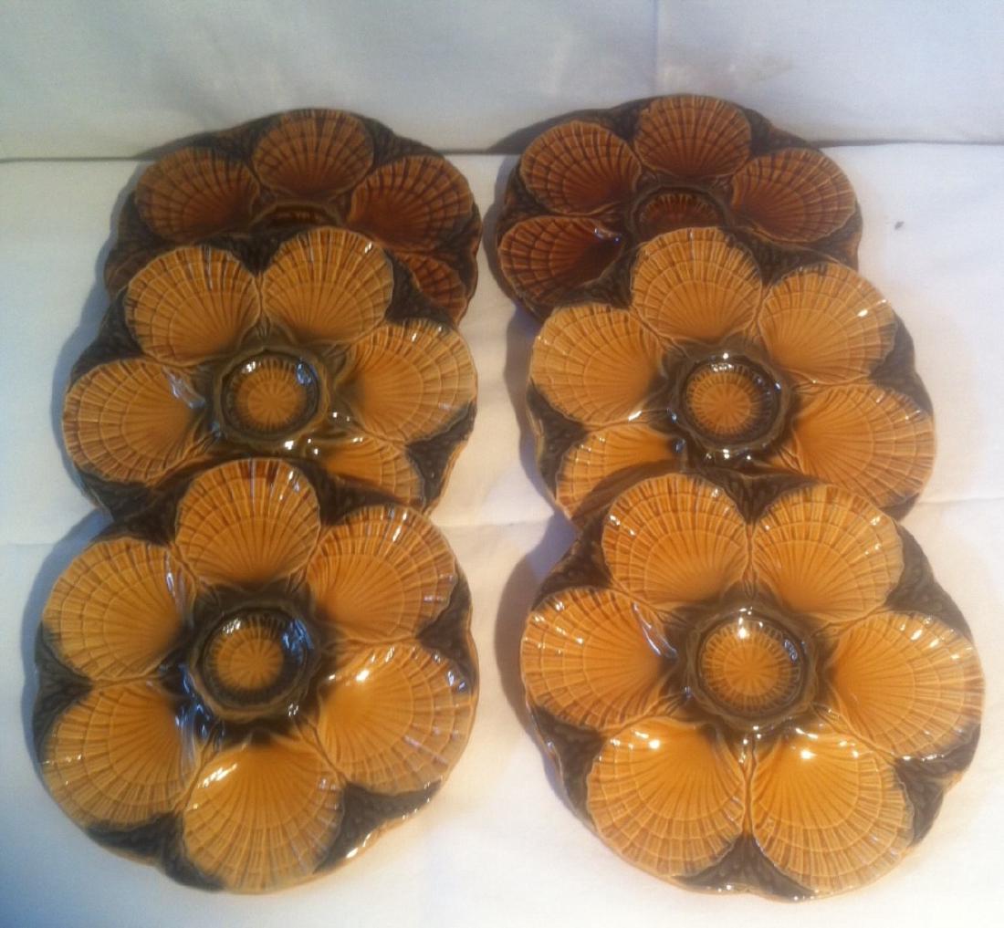 SET OF 6 FRENCH GLAZED MAJOLICA OYSTER PLATES: SET OF 6 GLAZED MAJOLICA OYSTER PLATES MARKED ON REVERSE FRANCE; 9"