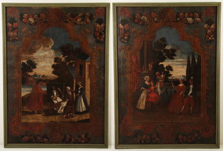 PAIR OF 18TH C. DUTCH/FLEMISH O/C PAINTINGS: PAIR OF 18TH C. DUTCH/FLEMISH OIL ON CANVAS GRAND PARLOR PAINTINGS HAVING CENTER VIGNETTES OF WELL COSTUMED FIGURES IN COURTING SCENES ENCOMPASSED WITHIN A FLORAL AND BAROQUE PAINTED FRAMED SILHOUETTE