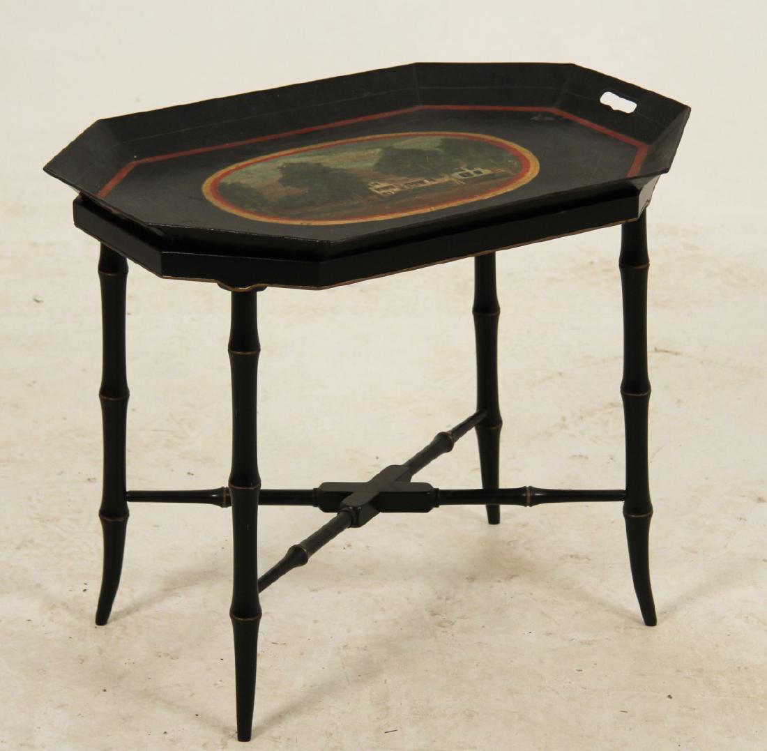 ANTIQUE BLACK LACQUERED TOLE OCTAGON TRAY ON STAND (1 of 2)