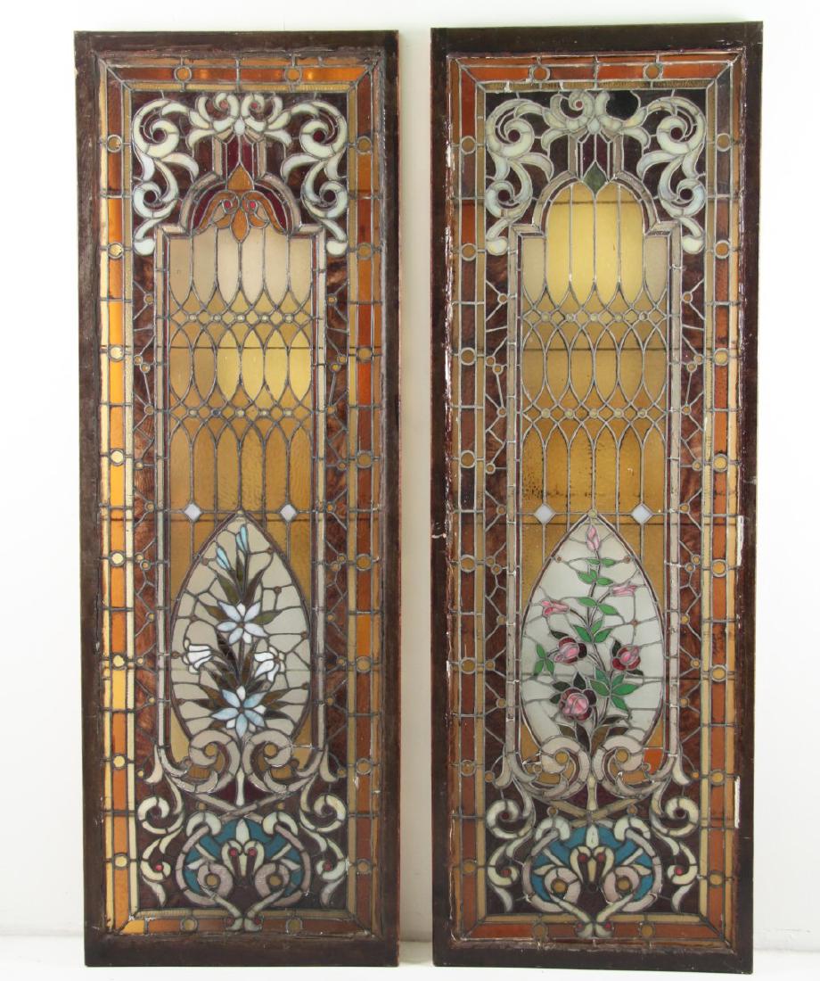PAIR OF LARGE FRAMED ANTIQUE STAINED GLASS WINDOWS (1 of 3)