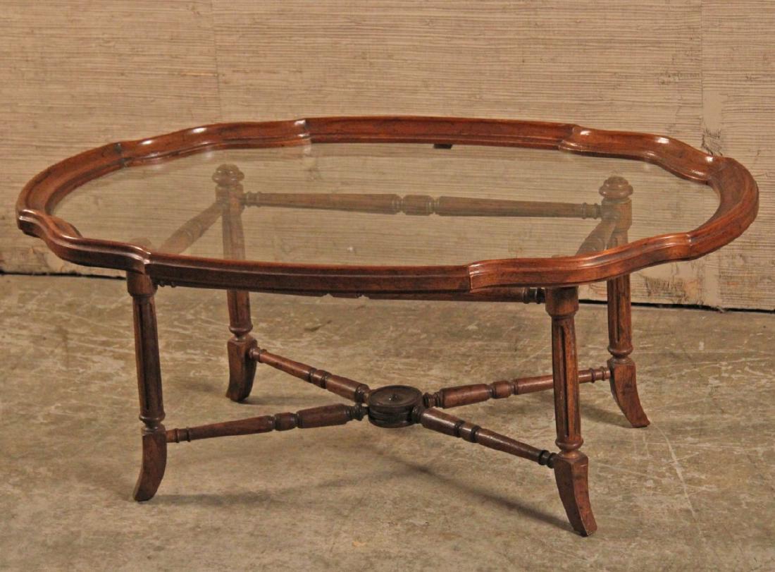 LARGE SCALLOP SHAPED OAK FRAMED GLASS TRAY ON STAND (1 of 1)
