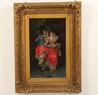 PIO RICCI, ITALIAN 19TH C. O/C PAINTING OF YOUNG LOVERS: ITALIAN 19TH C. OIL ON CANVAS PAINTING OF YOUNG LOVERS SIGNED LOWER RIGHT PIO RICCI; 25.5"H X 15.5"W IMAGE, 38.5"H X 29"W OVERALL