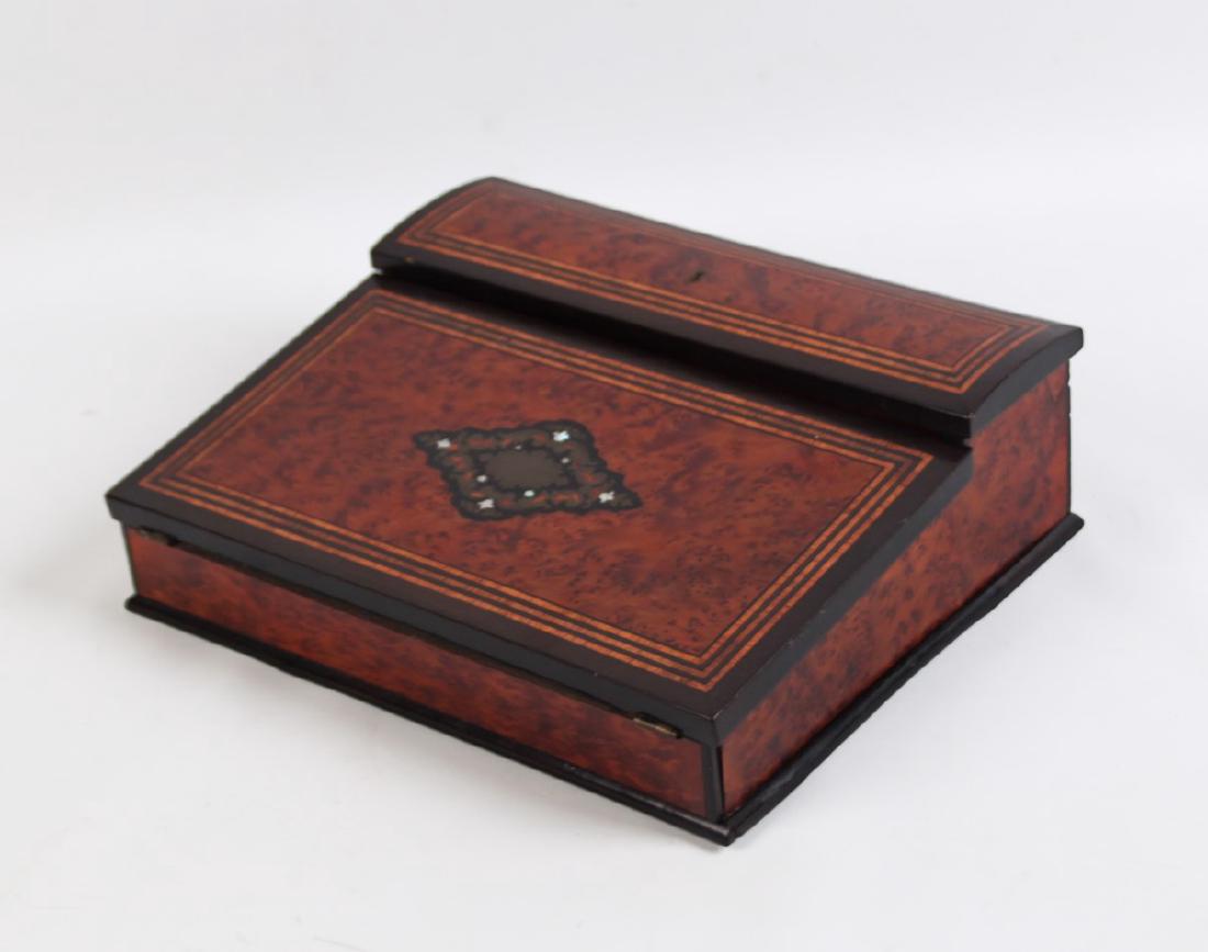 FRENCH INLAID AMBOYNA AND TULIPWOOD BANDED WRITING BOX: FINE QUALITY FRENCH BRASS AND MOTHER OF PEARL INLAID AMBOYNA AND TULIPWOOD BANDED WRITING BOX WITH ORIGINAL INK WELLS; 4"H X 13"W X 10.5"D; GOOD CONDITION