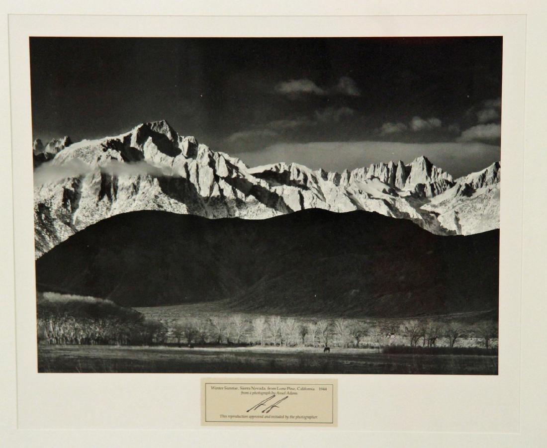 WINTER SUNRISE BY ANSEL ADAMS: WINTER SUNRISE BY ANSEL ADAMS (1902-1984) ARTIST AUTHORIZED AND INITIALED PRINT IN MODERN ALUMINUM FRAME; 20-1/4" X 22-1/4" OVERALL
