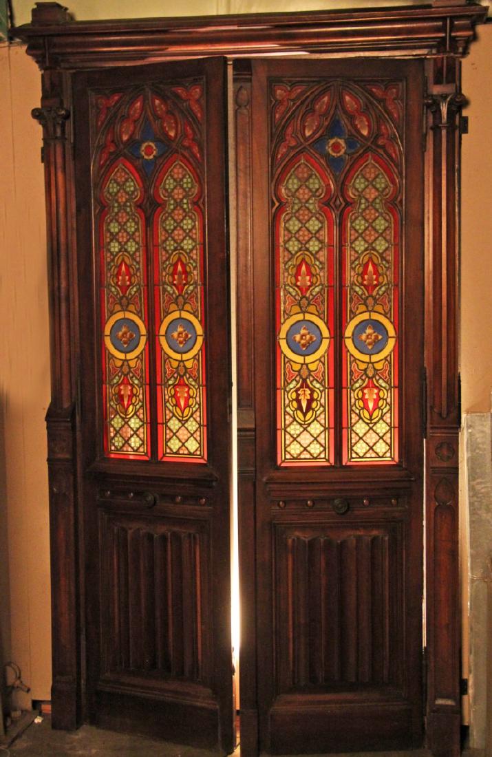 PAIR OF GOTHIC WALNUT FRAMED LEADED GLASS DOORS (1 of 9)