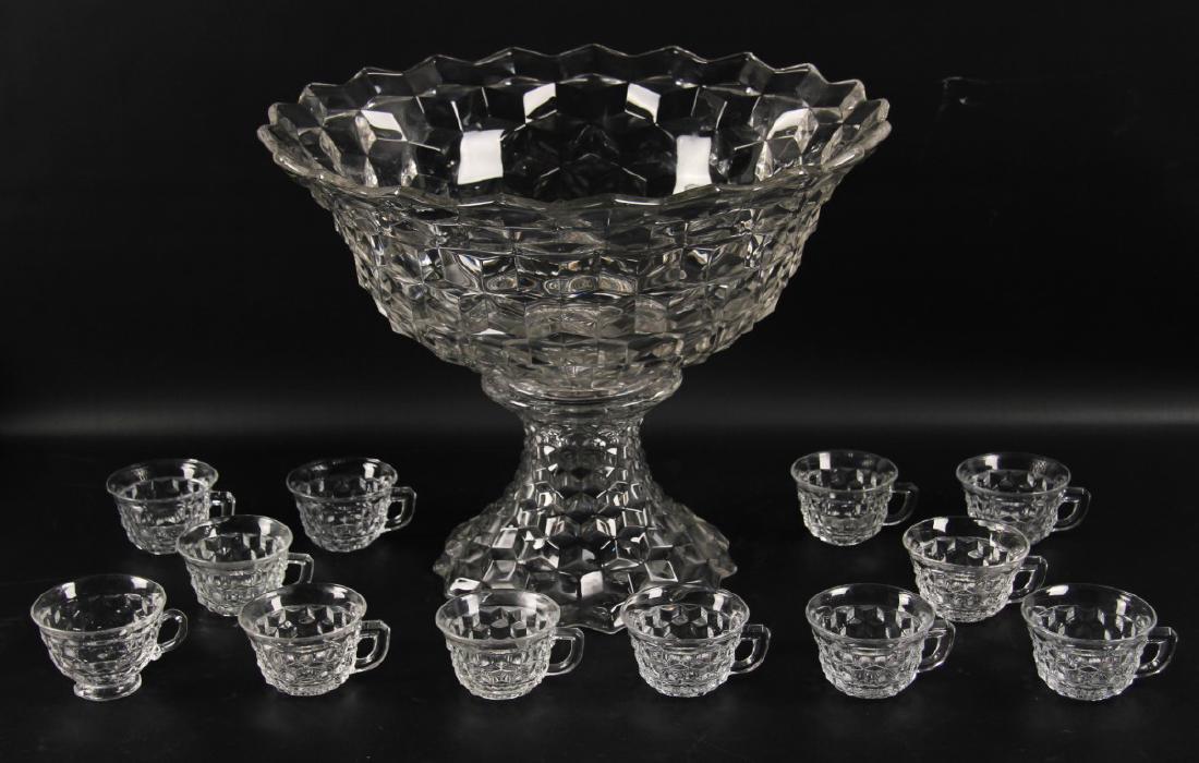 LARGE AMERICAN DIAMOND PATTERN GLASS PUNCH BOWL W/12 (1 of 3)