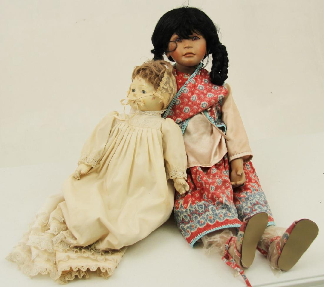 MISC. LOT OF TWO DOLLS AND BOX OF CUT WORK LINEN (1 of 4)