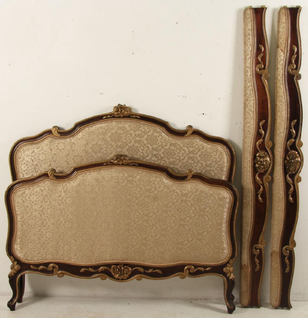LOUIS XV STYLE MAHOGANY AND GILTWOOD BED: LOUIS XV STYLE CARVED MAHOGANY AND GILTWOOD BED WITH UPHOLSTERED BACK, FOOT BOARDS AND RAILS; 54"H X 59"W