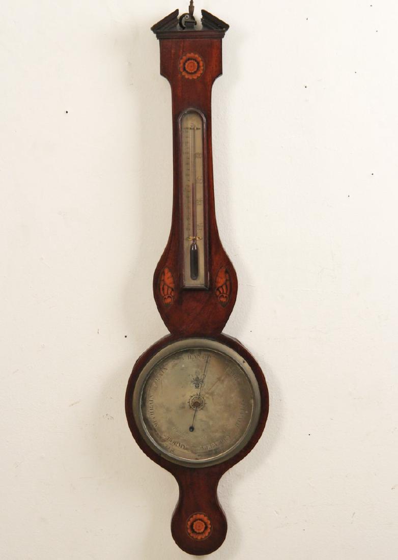 ENGLISH MAHOGANY BANJO SHAPED BAROMETER: FINE ENGLISH MAHOGANY BANJO SHAPED BAROMETER WITH CONCH SHELL AND FAN INLAYS HAVING SILVER DIAL SIGNED GALLETTI GLASGOW; 38.5"H X 10"W