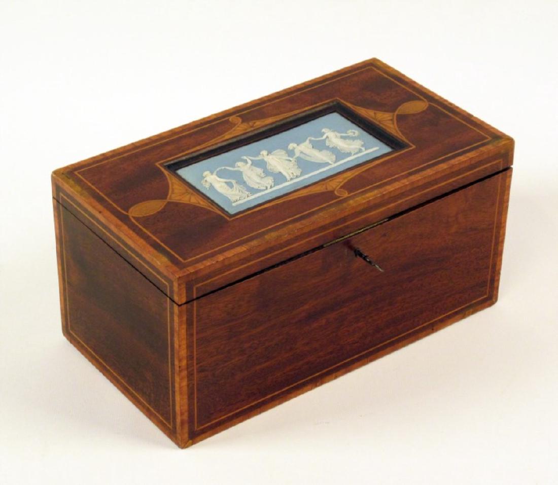 INLAID MAHOGANY TEA CADDY W/ WEDGEWOOD PLAQUE (1 of 2)