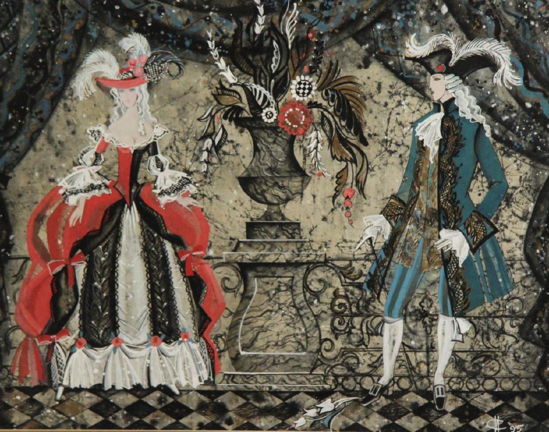 SAFRONOVA, 20TH C. GOUASHE PAINTING TITLED "AMADEUS": 20TH C. GOUASHE PAINTING OF TWO WELL-COSTUMED FIGURES IN A BALLROOM SETTING TITLED "AMADEUS", INITIALED LOWER RIGHT AND DATED '95; SAFRONOVA (IRINA NIKOLAEVNA (1950); 25" X 19.5"; RETAIL PRICE IN GALL