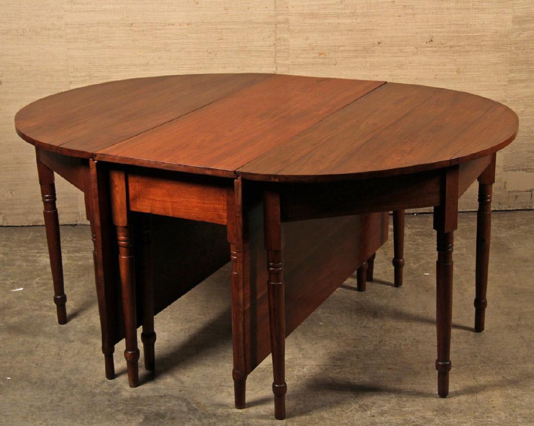 AMERICAN SOLID WALNUT 3 PART BANQUET TABLE: AMERICAN SOLID WALNUT 3 PART BANQUET TABLE HAVING TWO "D" SHAPED ENDS AND ONE CENETER DROP LEAF; 29"H X 109"W FULLY EXTENDED