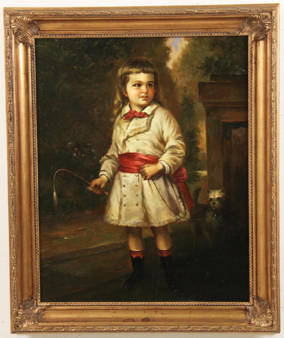 DECORATIVE FRAMED O/C PAINTING OF YOUNG GIRL: DECORATIVE FRAMED OIL ON CANVAS PAINTING OF YOUNG GIRL WITH TERRIER; 30"H X 36"W OVERALL; CONDITION: AREAS OF CRAQUELURE RIGHT BOTTOM QUARTER