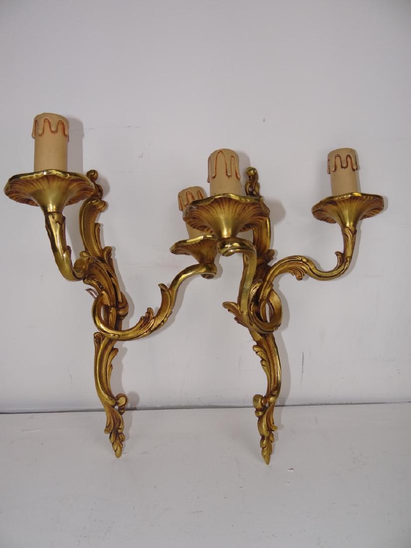 PAIR OF FRENCH GILT BRONZE 2 LIGHT WALL SCONCES (1 of 3)