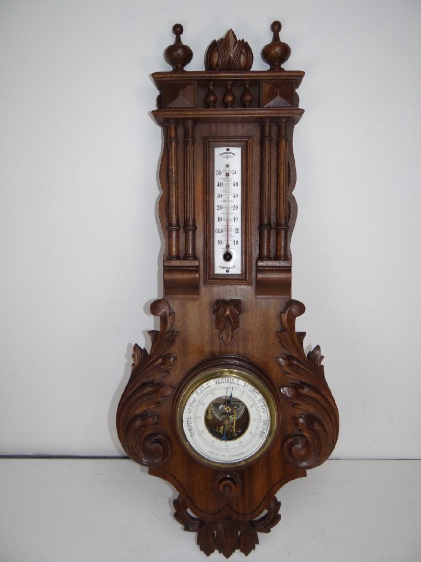 CARVED MAHOGANY BAROMETER/THERMOMETER (1 of 2)