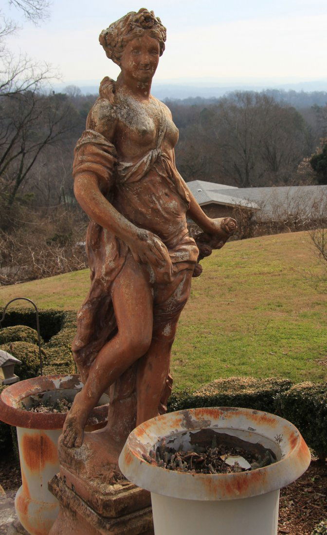 TERRA COTTA FINISHED CAST STONE FIGURE ON PEDESTAL (1 of 4)