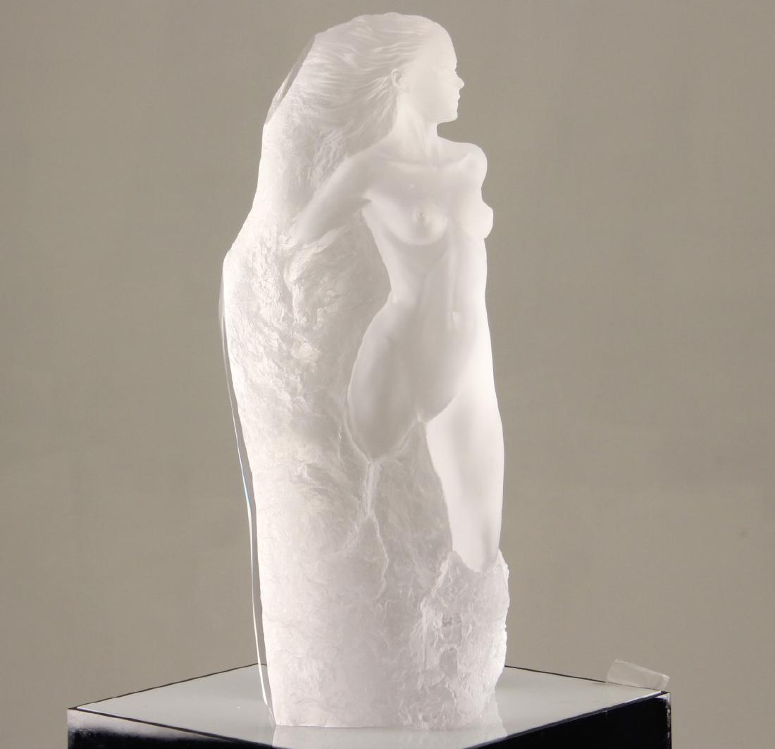 NEW DAWN BY MICHAEL WILKINSON.: NEW DAWN BY MICHAEL WILKINSON. LUCITE SCULPTURE TITLED NEW DAWN BY MICHAEL WILKINSON, CALIFORNIA, HAVING A FEMALE NUDE EMERGING FROM A STYLIZED BACKGROUND. SIGNED AND DATED 1986 NUMBER 244/300; 20"H X