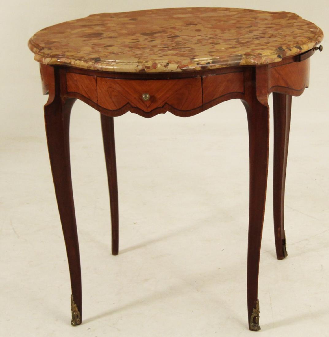 LOUIS IV STYLE QUERIDON W/ BRECCIA DE ALPS MARBLE TOP: LOUIS XV STYLE KINGWOOD AND MAHOGANY BANDED QUERIDON HAVING BRECCIA DE ALPS MOLDED EDGE MARBLE TOP OVER A 2 DRAWER AND 2 BRUSHING SLIDE FRIEZE RESTING ON CABRIOLE LEGS WITH BRONZE SABOTS, LATE 19TH/20
