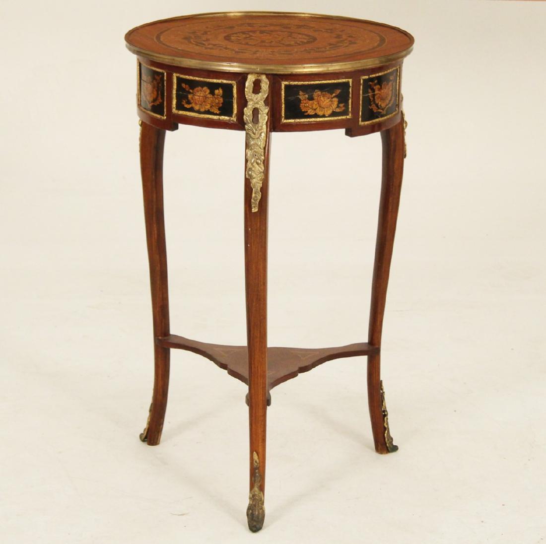LOUIS XV STYLE GUERIDON: LOUIS XV STYLE GUERIDON HAVING EXOTIC INLAID VIGNETTES RESTING ON BRONZE MOUNTED CABRIOLE LEGS AND BRONZE SABOTS; 29.5"H X 18.25"W