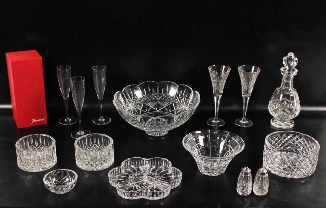 15 PC. LOT OF SIGNED WATERFORD CRYSTAL: 15 PIECE LOT OF SIGNED WATERFORD CRYSTAL CONSISTING OF 13.25"D FOOTED SCALLOPED EDGE BOWL, PAIR OF WINE BOTTLE HOLDERS, DIVIDED NUT DISH, DECANTER, PAIR OF WATERFORD STEMMED FLUTES, 3 SIGNED BACCARAT