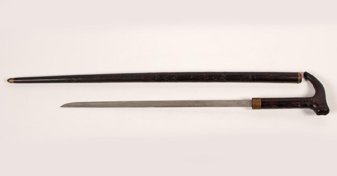 ASIAN MAHOGANY SWORD CANE W/CARVED HANDLE AND SHAFT (1 of 4)
