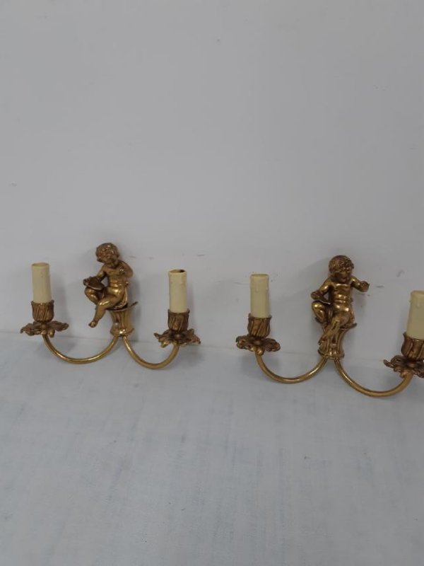 PR. OF FRENCH 2 LIGHT BRONZE SCONCES W/CHERUBS (1 of 3)