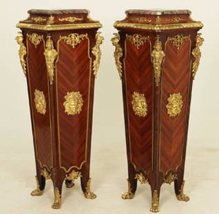 PR. OF FRENCH KINGWOOD MARBLE TOP PEDESTALS: IMPORTANT PAIR OF LOUIS XV STYLE FRENCH KINGWOOD CHEVRON VENEERED PEDESTALS WITH DORE BRONZE MOUNTS AND ROUGE MARBLE TOPS, LATE 19TH C; 51.5"H X 17.5"W X 17.5"D, 12" X 12" MARBLE TOP