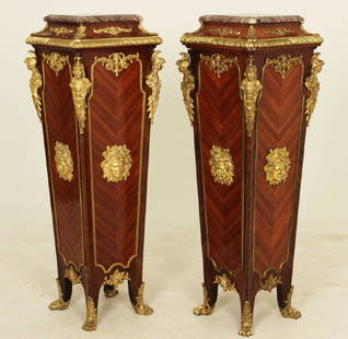 PR. OF FRENCH KINGWOOD MARBLE TOP PEDESTALS: IMPORTANT PAIR OF LOUIS XV STYLE FRENCH KINGWOOD CHEVRON VENEERED PEDESTALS WITH DORE BRONZE MOUNTS AND ROUGE MARBLE TOPS, LATE 19TH C; 51.5"H X 17.5"W X 17.5"D, 12" X 12" MARBLE TOP