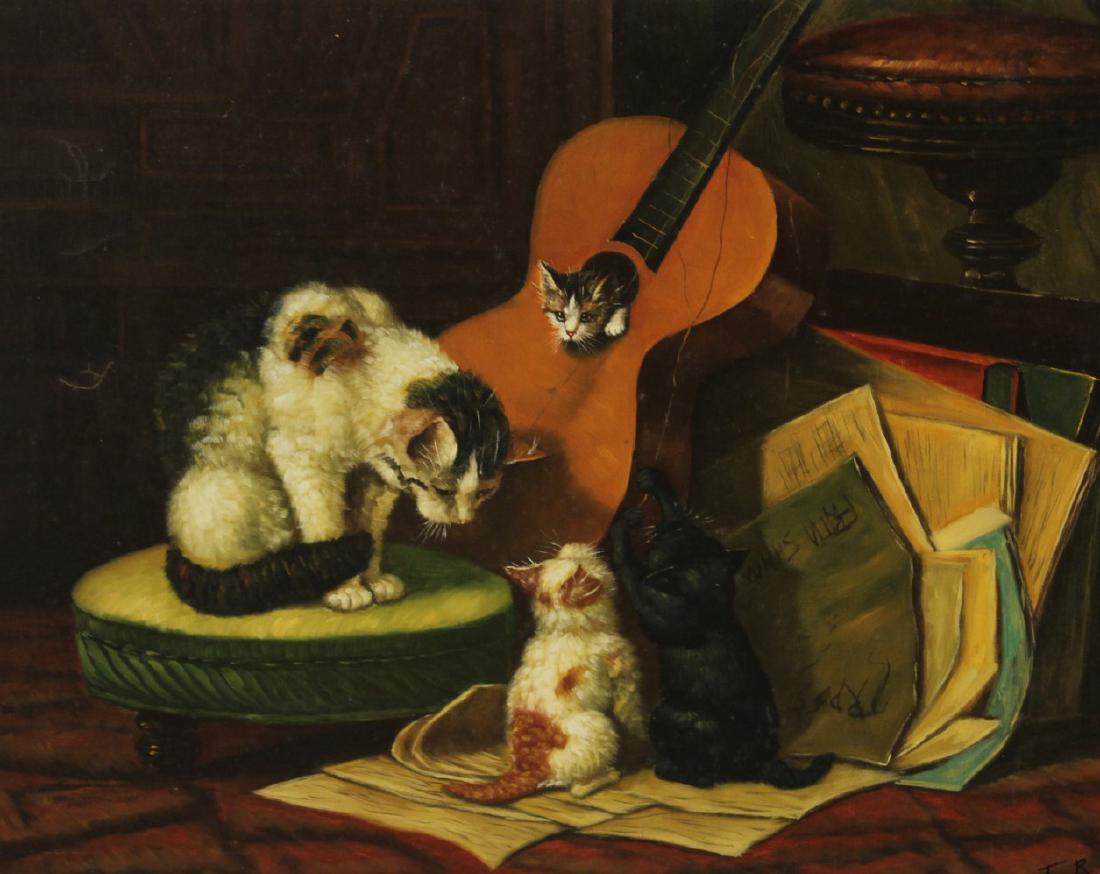 FRAMED 20TH C. O/C INTERIOR SCENE PAINTING W/KITTENS (1 of 2)