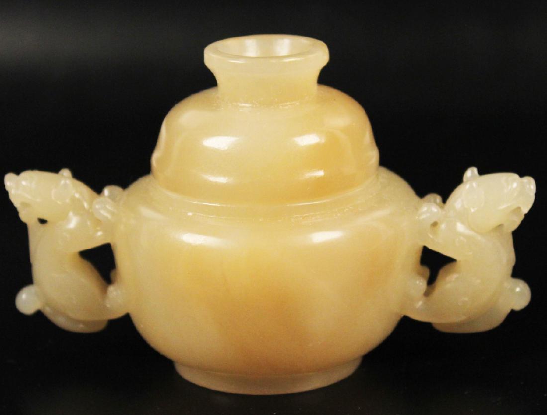 CARVED JADE LIDDED CENSER WITH FOO DOG SURMOUNTS (1 of 2)
