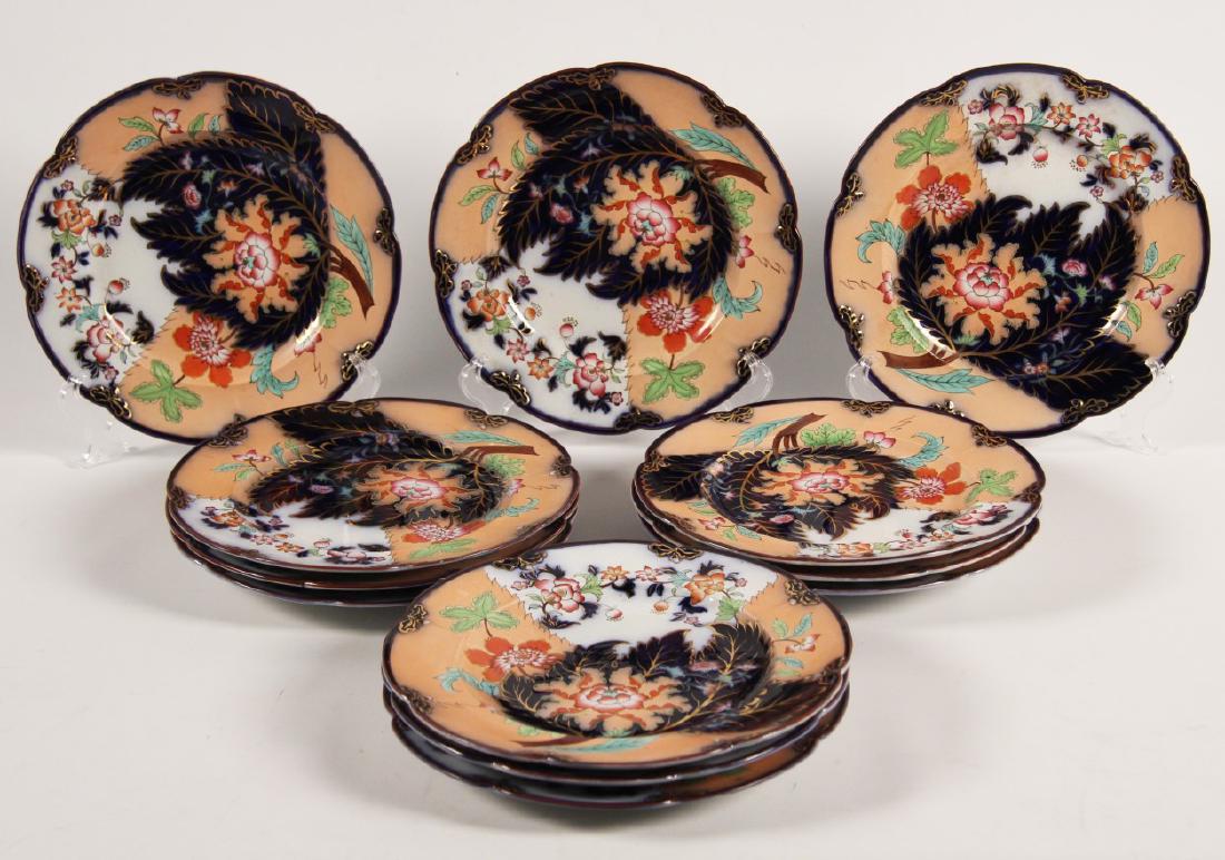 SET OF 12 ENGLISH 10.25" DINNER PLATES: SET OF 12 ENGLISH 10.25" DINNER PLATES WITH DERBY PALETTE COLORS OF COBALT, FUSHIA, TEAL, LEMON AND GREEN HAVING IMPRESSED REGISTER MARK ON REVERSE WITH INITIALS A.R. AND ROMAN NUMERAL IV; 10.25"DIA
