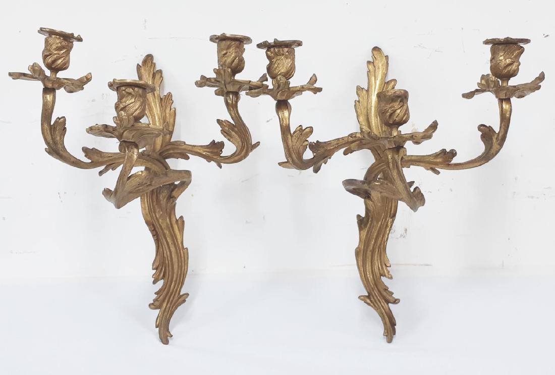 PR. OF GILT BRONZE 3 LIGHT WALL SCONCES (1 of 3)