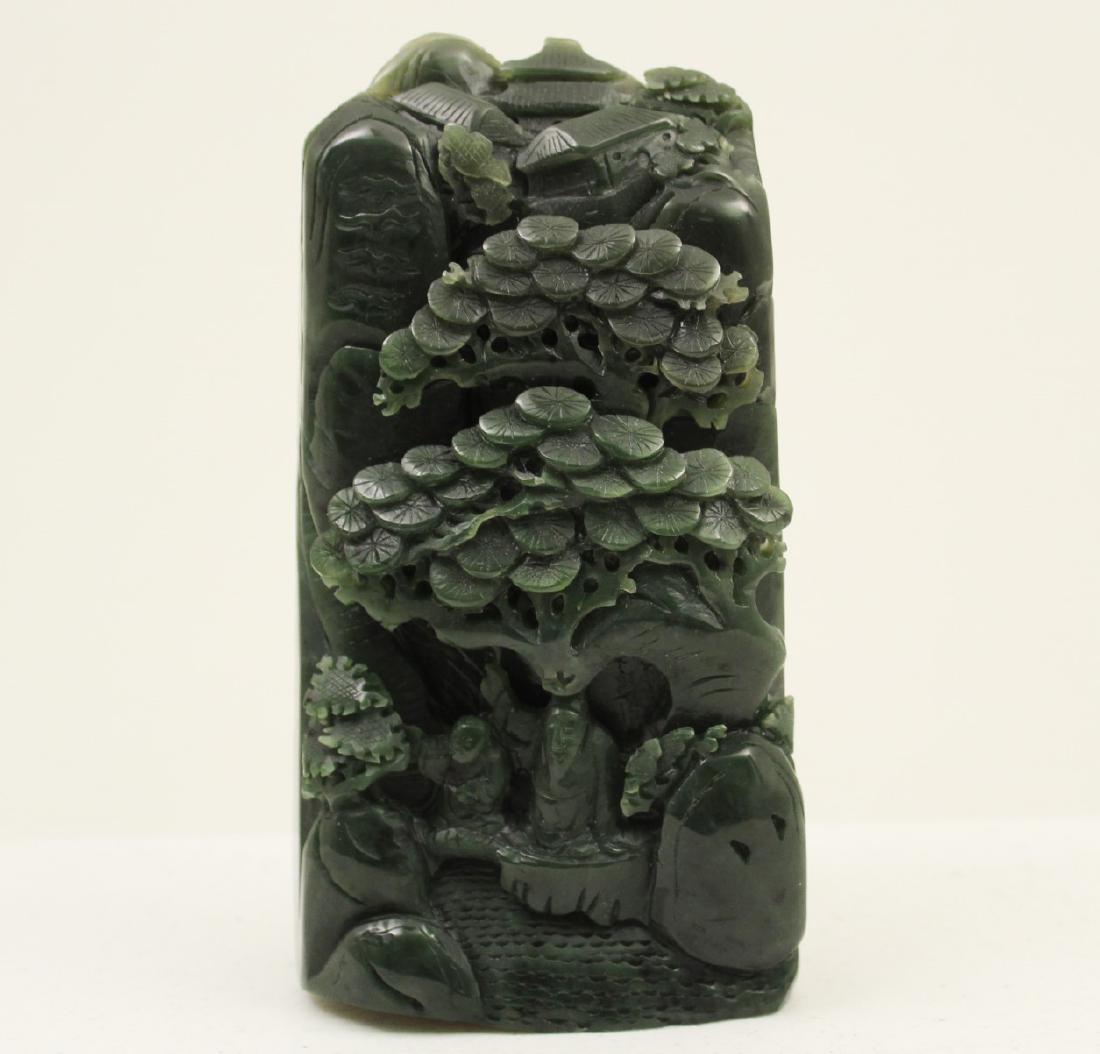 CHINESE IMPERIAL JADE SCULPTURE: CHINESE IMPERIAL JADE SCULPTURE OF SAGES BENEATH HILLSIDE VILLAGE AND GINGKO TREES, DEEP JADEITE OF EXCEPTIONAL FORM 6.75"H X 3"W X 2.5"D