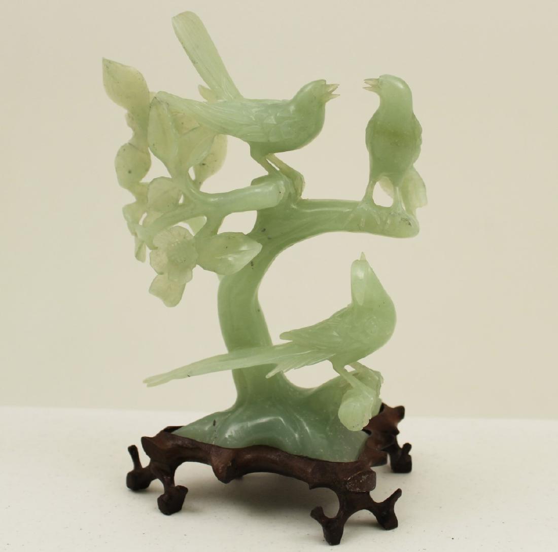 ORIENTAL CARVED JADE SCULPTURE OF 3 BIRDS ON VINE (1 of 4)