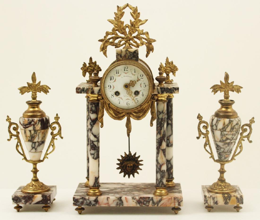 FRENCH BRONZE AND MARBLE CLOCK GARNITURE (1 of 4)