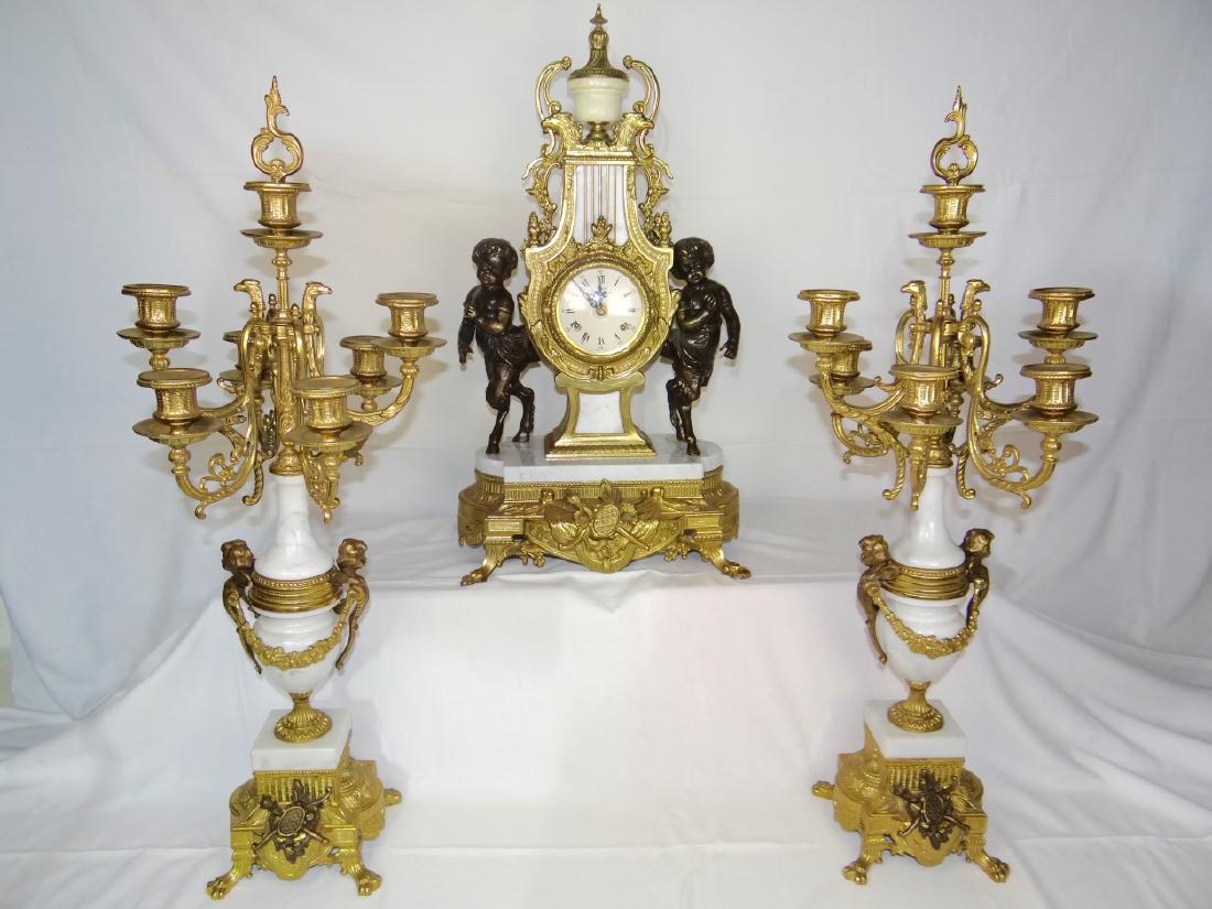 3 PC. FRENCH GILT METAL AND MARBLE CLOCK SET (1 of 7)