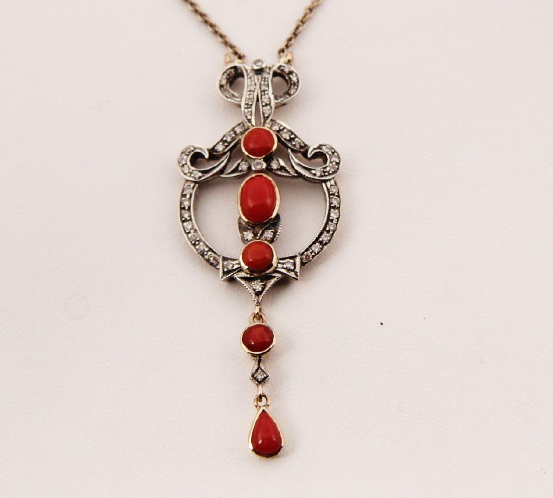 18K DIAMOND AND CORAL PENDANT NECKLACE (1 of 2)