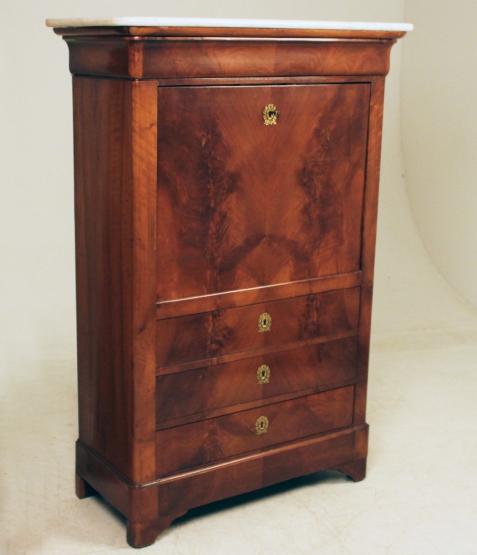 LOUIS PHILIPPE MAHOGANY SECRETAIRE ABBATTANT: LOUIS PHILIPPE MAHOGANY SECRETAIRE ABBATTANT HAVING WHITE MARBLE TOP OVER AN INVISIBLE OGEE MOLDED DRAWER AND FALLFRONT DESK OPENING TO REVEAL AN ELABORATE FITTED INTERIOR WITH LEATHER WRITING SURFACE