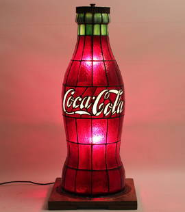 RARE LEADED GLASS COCA COLA PROMOTIONAL LAMP: RARE LEADED GLASS COCA COLA PROMOTIONAL LAMP, CIRCA 1920, AS SEEN AT COCA COLA HISTORY MUSEUM ATLANTA, GA; 36"H; PROVENANCE: FROM THE EXECUTIVE OFFICES OF COCA COLA BOTTLING ELYRIA, OH; OWNER ACQUIRED