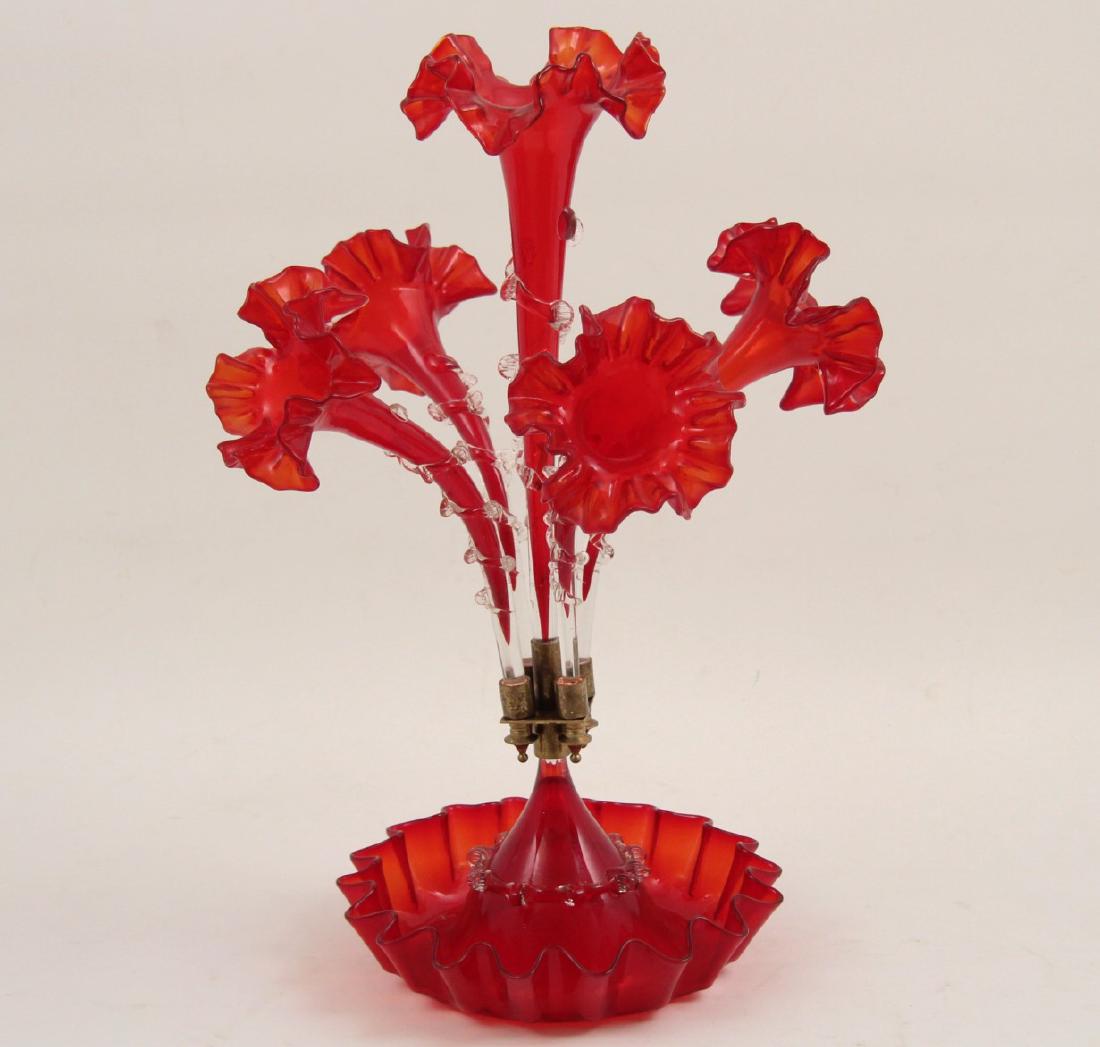 CRANBERRY GLASS TRUMPET FORMED EPERGNE: CRANBERRY GLASS TRUMPET FORMED FIVE ARM EPERGNE; 21"H